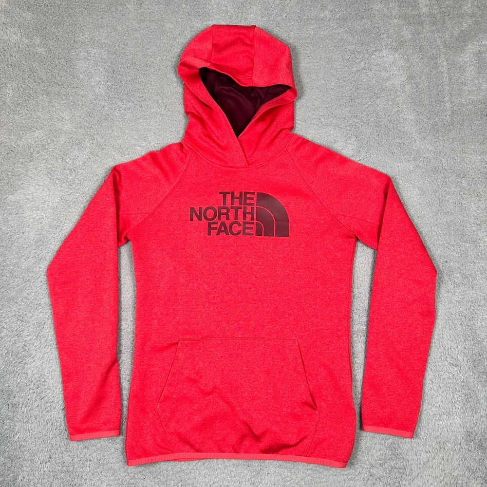 The North Face Womens Red Heather Pullover Hoodie Logo Sweatshirt Sz S Thumbhole